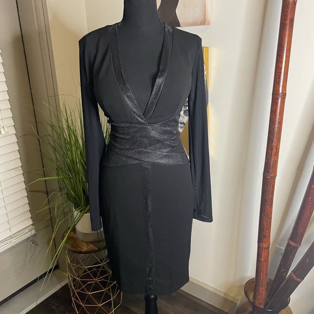 Mini Black Dress, sheer arms, Large